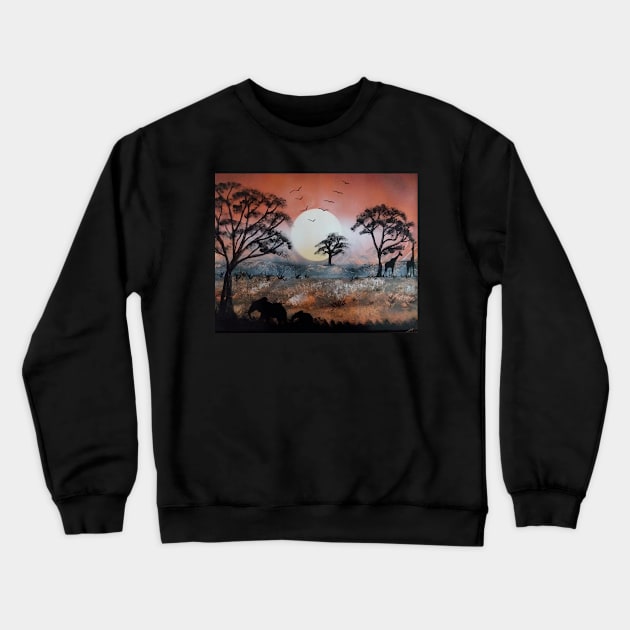 African Sunset with wild animals roaming freely Crewneck Sweatshirt by Edwardtiptonart